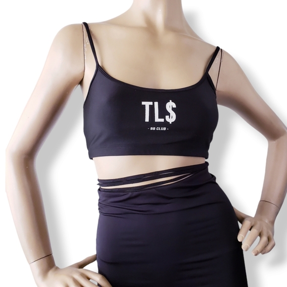 This Is A Love Song Black "TL$ BB Club" Print Criss Cross Waist Tie Crop Top - Picture 1 of 9